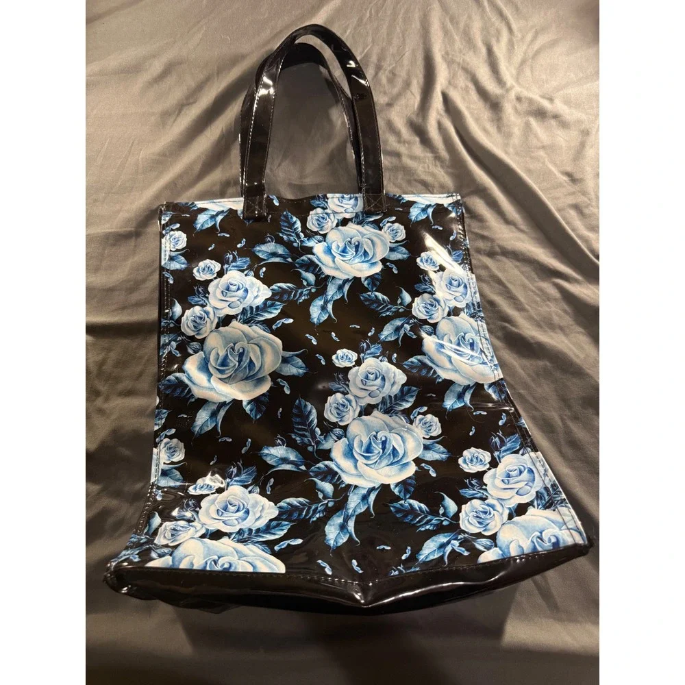 Blue Rose Floral Insulated Tote Bag Black Patent Thermal Lunch Grocery Bag